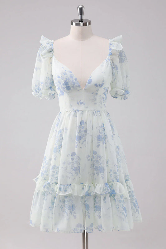 Wholesale Elegant Homecoming Dress Short Sleeves Light Blue Floral Short with Dress