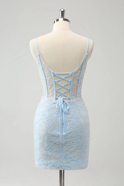 Wholesale Short Homecoming Dresses Light Blue Corset Spaghetti Straps Tight with Lace Up Back