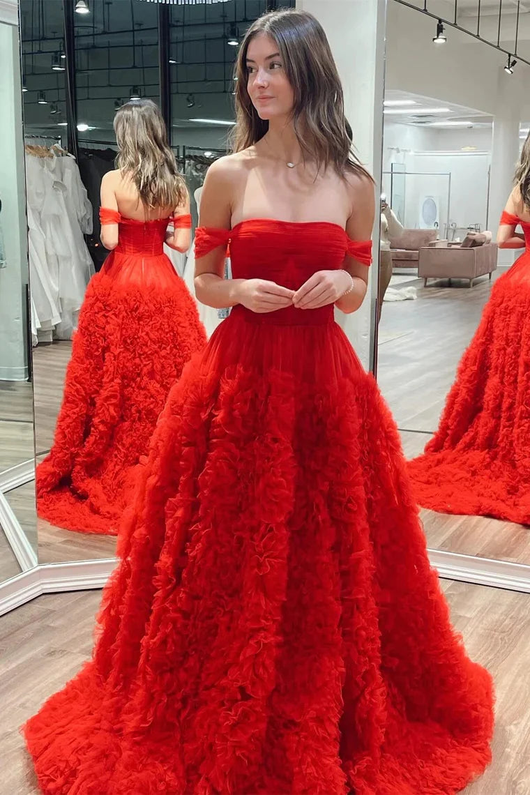 Wholesa Off-the-Shoulder Red Ruffle Long Prom Dress with Slit