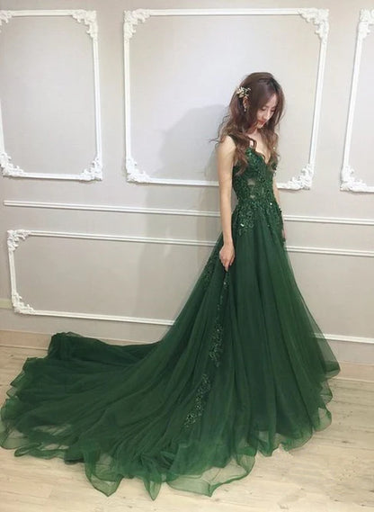 Dark Green Low Back Beaded Lace V-neckline Party Dress A-line Prom Dress Floor Length Wholesale