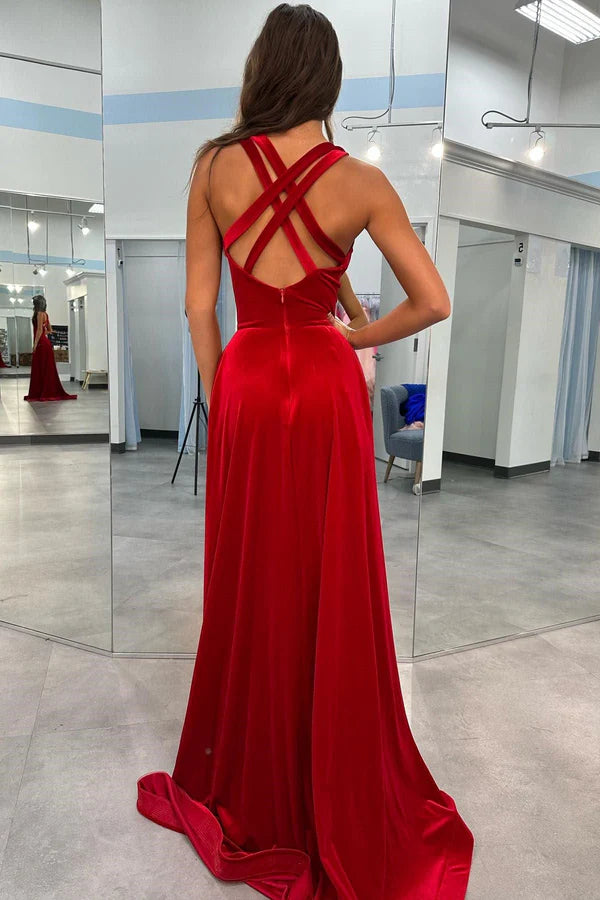 Wholesale Red Evening Dress Velvet Plunge V Cross Back A-Line Long Formal Dress