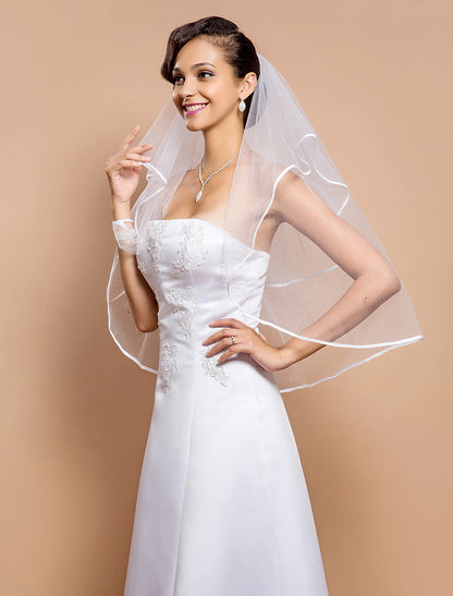 Wholesale Two-tier Ribbon Edge Wedding Veil Elbow Veils with Rhinestone 31.5 in (80cm) Tulle A-line, Ball Gown, Princess