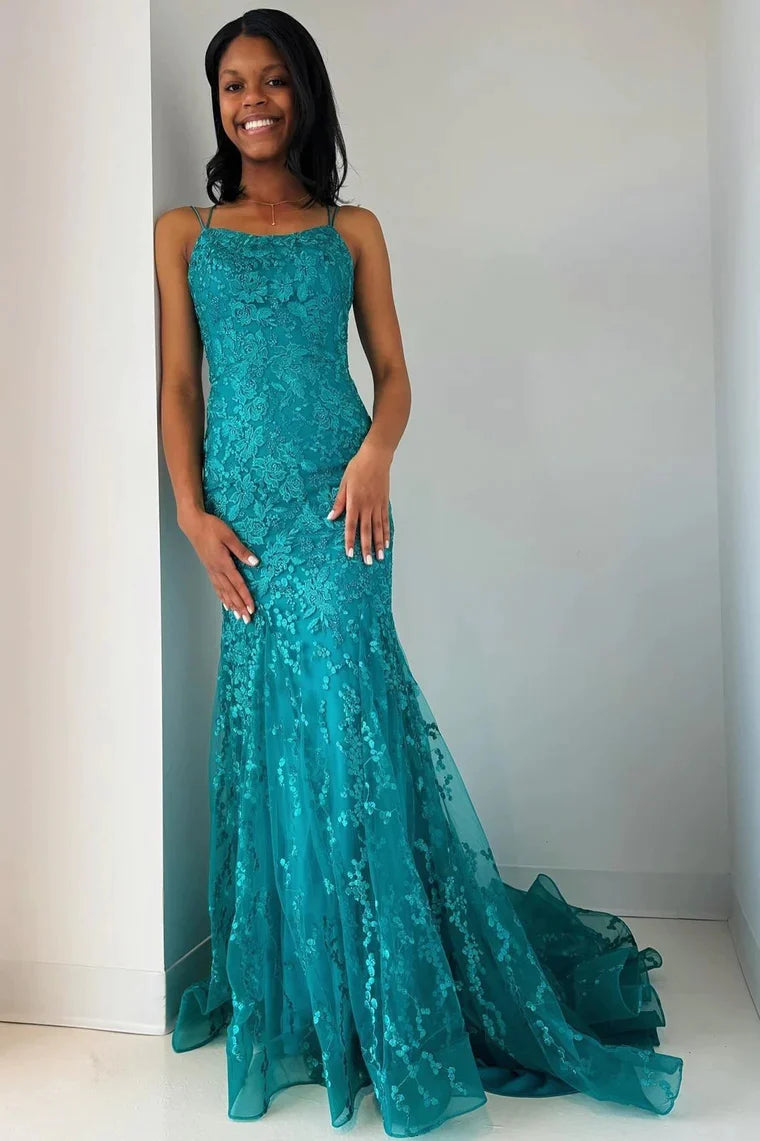 Wholesa Turquoise Appliques Lace-Up Trumpet Long Prom Dress