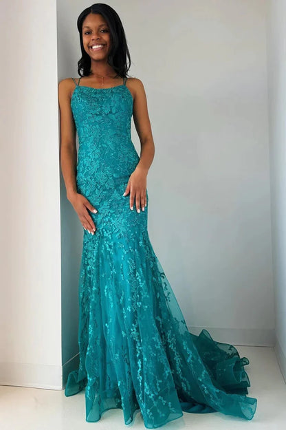 Wholesa Turquoise Appliques Lace-Up Trumpet Long Prom Dress