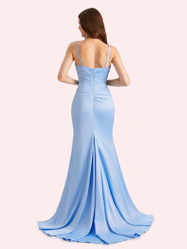 Wholesale Side Slit Spaghetti Straps Mermaid Soft Satin Bridesmaid Dresses