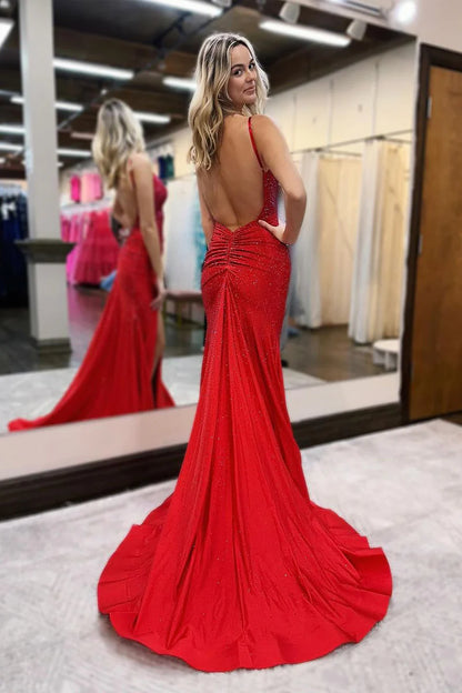 Wholesa Red Beaded V Neck Mermaid Long Prom Dress