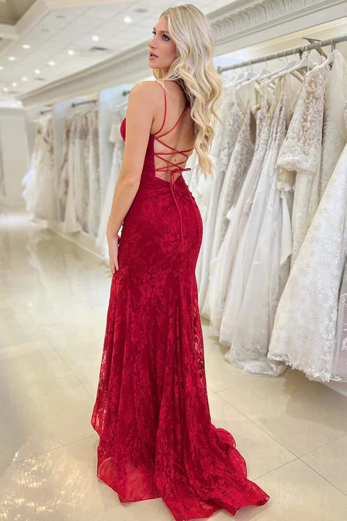 Wholesale Fashion Red Evening Dress Lace V Neck Mermaid Prom Dress