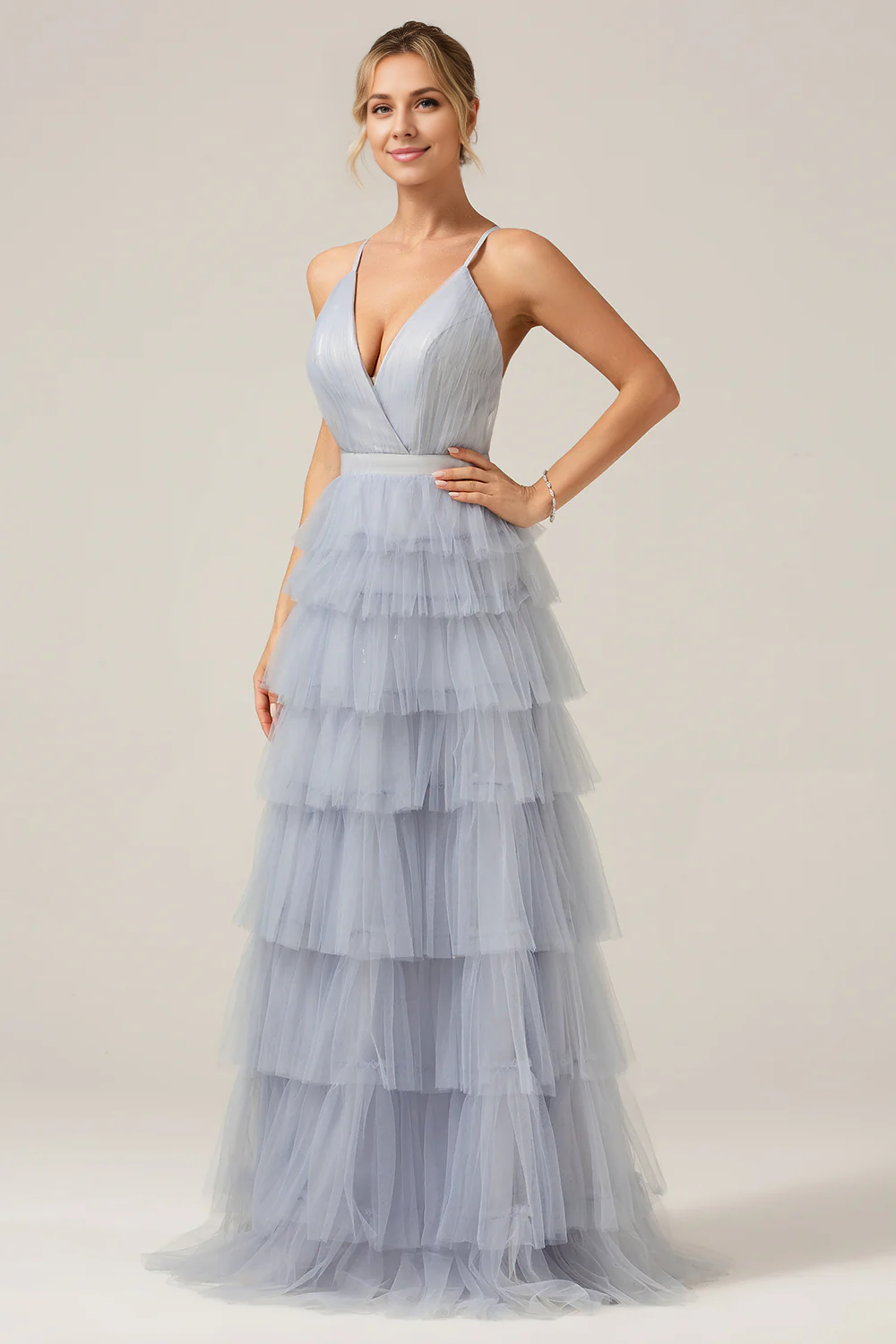 Wholesale Dusty Blue A-Line Prom Dresses Spaghetti Straps Tiered Long Tulle Maxi Dress