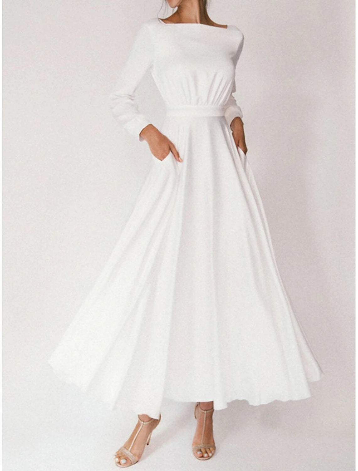 Wholesale Bridal Shower Little White Dresses Casual Wedding Dresses A-Line Square Neck Long Sleeve Ankle Length Chiffon Bridal Gowns With Pleats