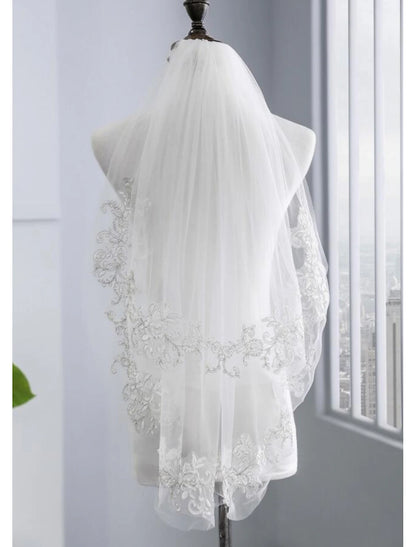 Wholesale Two-tier Wedding Veil Elbow Veils with Faux Pearl / Embroidery POLY / Drop Veil