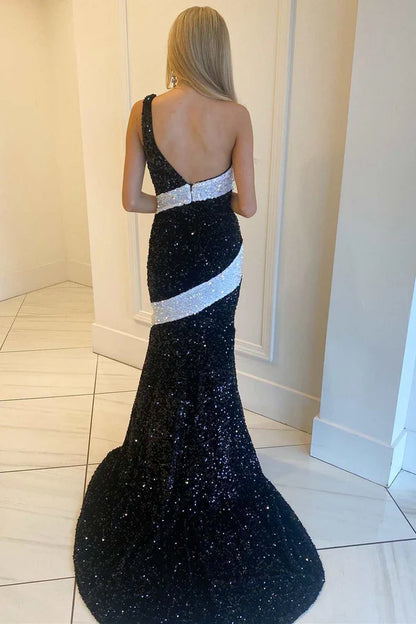 Wholesale Black and White Sequin Evening Dress One-Shoulder Mermaid Long Prom Gowm