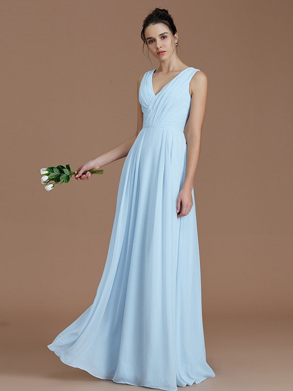 Wholesale A-Line V-neck Sleeveless With Ruched Floor-Length Chiffon Bridesmaid Dresses