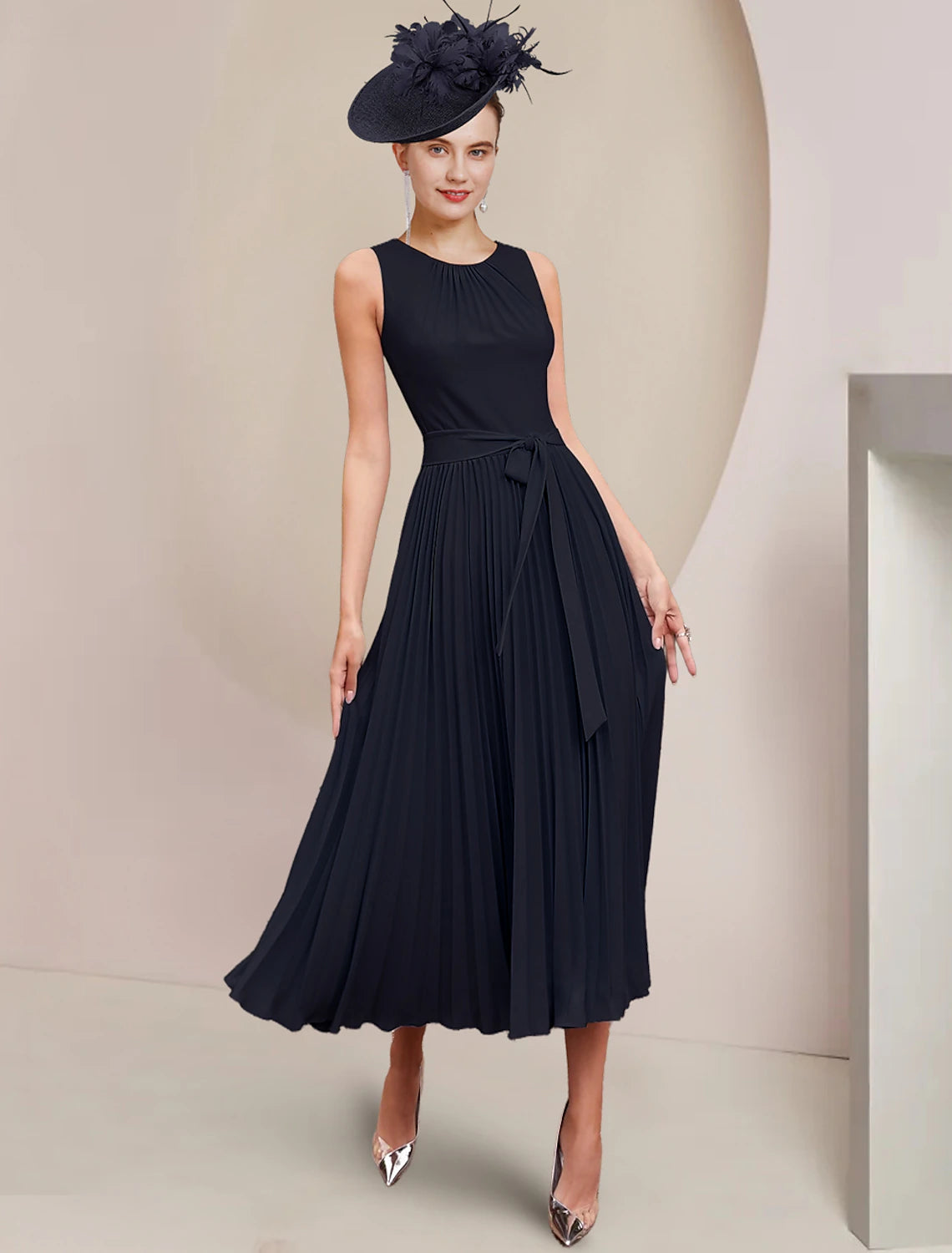 Wholesale Two Piece A-Line Mother of the Bride Dress Wedding Guest Party Vintage Elegant Scoop Neck Tea Length Chiffon Sleeveless Wrap Included with Bow(s) Pleats