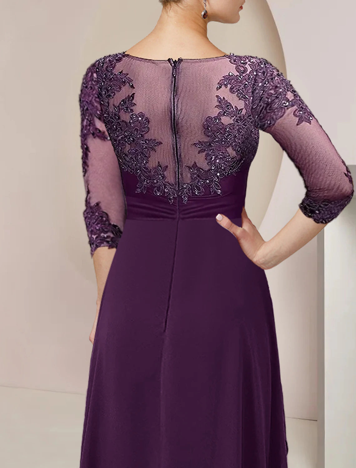 Wholesale A-Line Mother of the Bride Dress Formal Wedding Guest Elegant High Low Scoop Neck Asymmetrical Floor Length Chiffon Lace 3/4 Length Sleeve with Beading Sequin Appliques