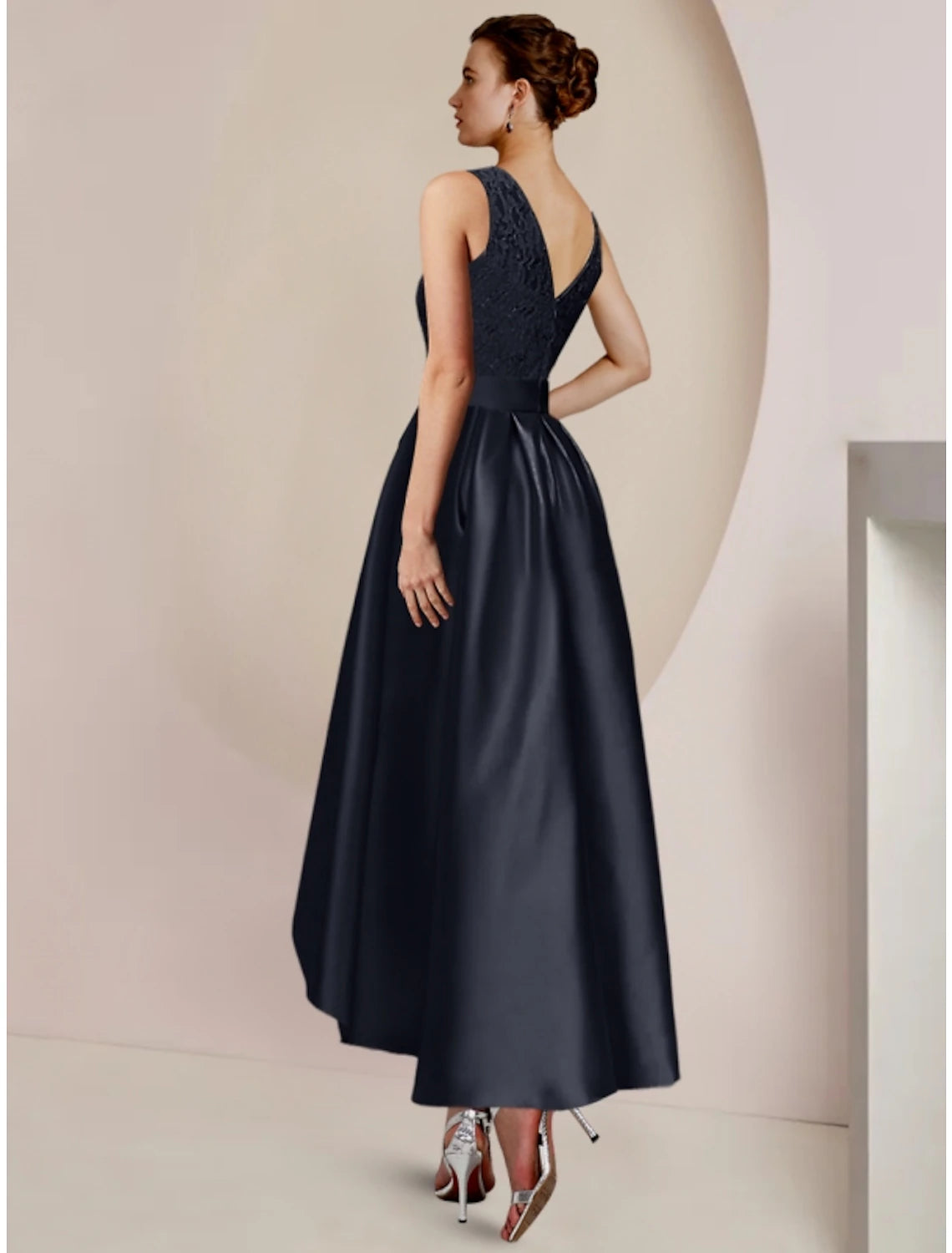 Wholesale Sheath / Column Mother of the Bride Dress Wedding Guest Minimalist Elegant Scoop Neck Asymmetrical Ankle Length Satin Lace Half Sleeve with Pleats Solid Color