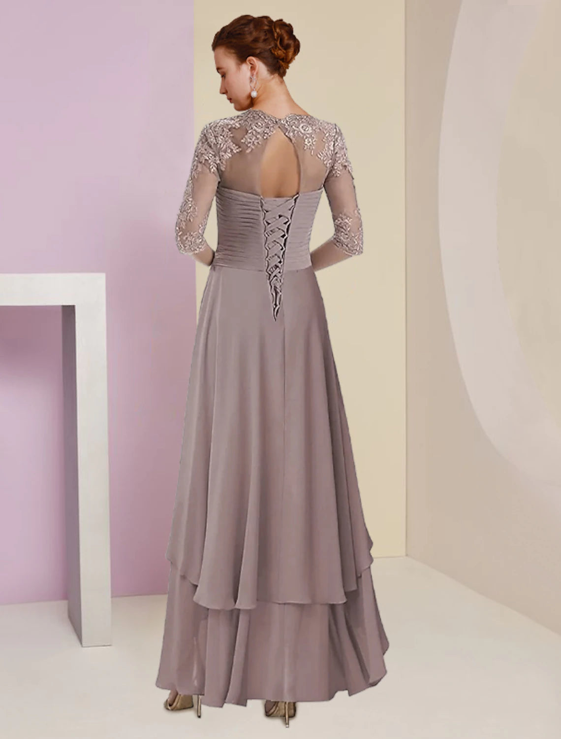 Wholesale Two Piece A-Line Mother of the Bride Dress Formal Wedding Guest Elegant Square Neck Asymmetrical Tea Length Chiffon Lace 3/4 Length Sleeve Wrap Included with Ruched Tier Appliques