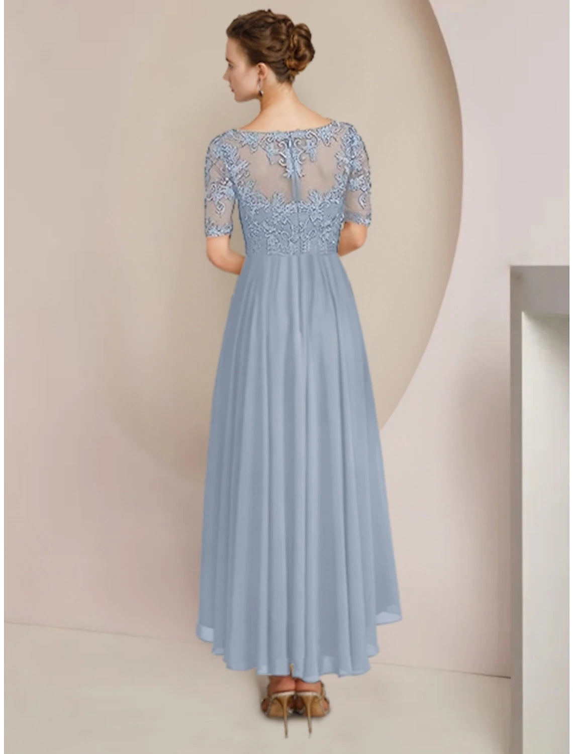 Wholesale Sheath / Column Mother of the Bride Dress Wedding Guest Vintage Elegant V Neck Asymmetrical Ankle Length Chiffon Lace Half Sleeve with Pleats Solid Color