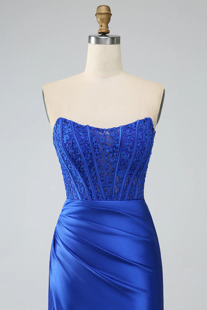 Wholesale Royal Blue Mermaid Strapless Long Corset Prom Dress with Slit