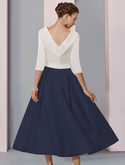 Wholesale A-Line Mother of the Bride Dress Wedding Guest Elegant Scoop Neck Tea Length Satin Half Sleeve with Pleats Crystal Brooch Color Block