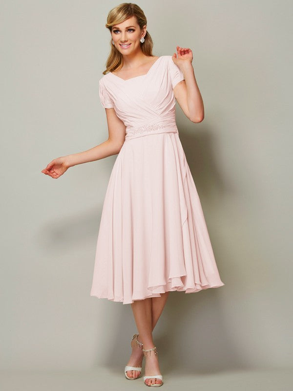 Wholesale Sheath Chiffon Bateau Short Sleeves Tea-Length With Ruffles Bridesmaid Dresses