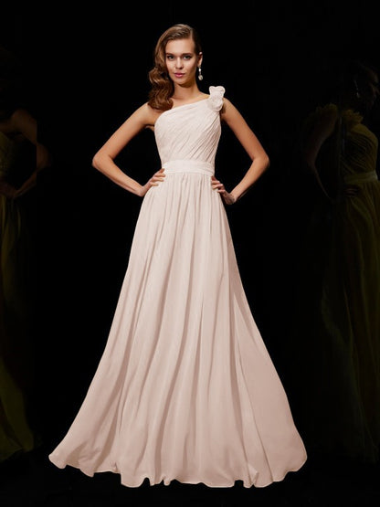 Wholesale A-Line Chiffon One-Shoulder Sleeveless Floor-Length With Hand-Made Flower Bridesmaid Dresses