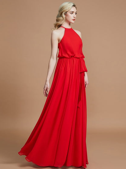 Wholesale A-Line Halter Sleeveless With Sash/Ribbon/Belt Floor-Length Chiffon Bridesmaid Dresses