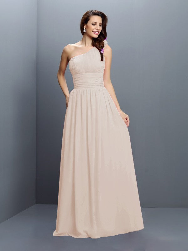 Wholesale A-Line Chiffon One-Shoulder Sleeveless Floor-Length With Pleats Bridesmaid Dresses