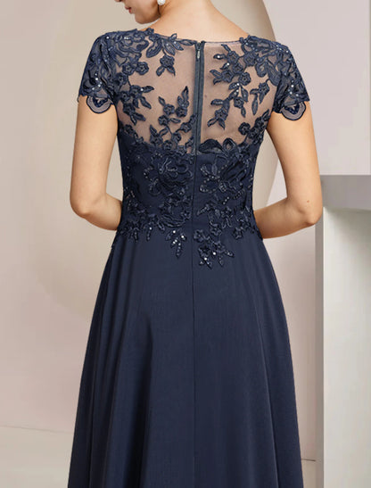 Wholesale A-Line Mother of the Bride Dress Formal Wedding Guest Elegant High Low Scoop Neck Asymmetrical Tea Length Chiffon Lace Short Sleeve with Sequin Appliques