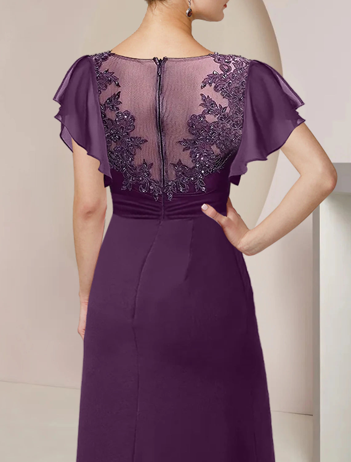 Wholesale A-Line Mother of the Bride Dress Formal Wedding Guest Elegant Scoop Neck Tea Length Chiffon Lace 3/4 Length Sleeve with Beading Sequin Appliques