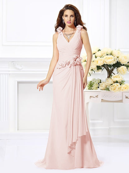 Wholesale Mermaid Chiffon V-neck Sleeveless Sweep/Brush Train With Hand-Made Flower Bridesmaid Dresses