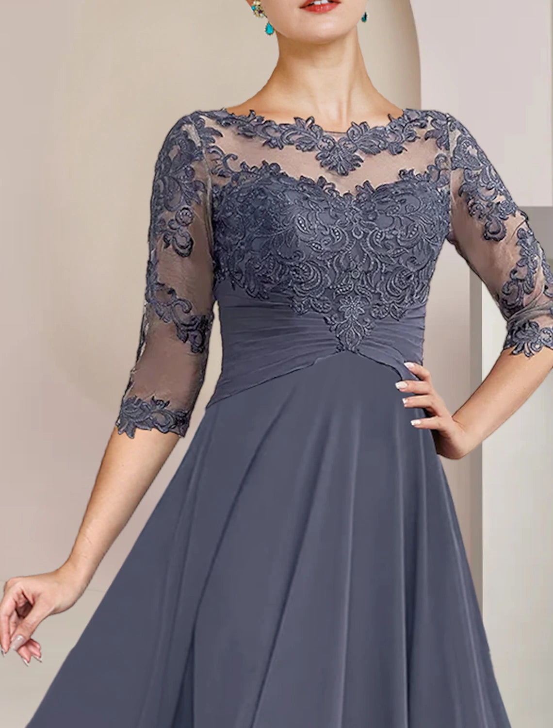 Wholesale  Two Piece A-Line Mother of the Bride Dress Formal Wedding Guest Elegant Scoop Neck Tea Length Chiffon Lace 3/4 Length Sleeve Wrap Included with Appliques Ruching