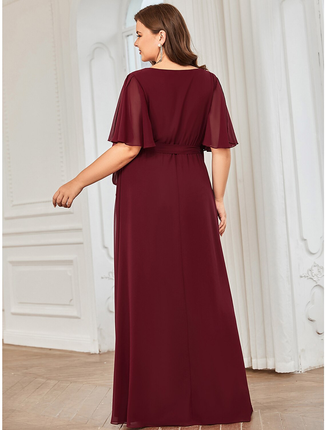 Wholesale A-Line Bridesmaid Dress V Neck Short Sleeve Elegant Floor Length Chiffon with Ruffles / Draping / Bandage