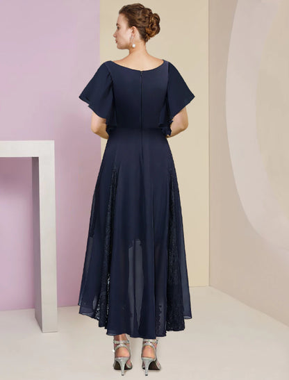 Wholesale A-Line Mother of the Bride Dress Formal Wedding Guest Elegant V Neck Ankle Length Chiffon Lace Short Sleeve with Pleats Crystal Brooch