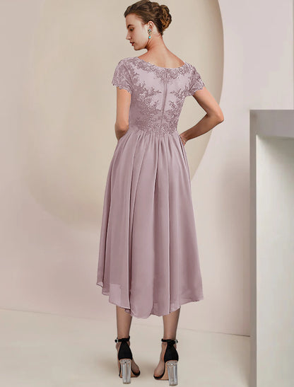 Wholesale Two Piece A-Line Mother of the Bride Dress Formal Wedding Guest Elegant V Neck Asymmetrical Tea Length Chiffon Lace Short Sleeve Wrap Included with Pleats Appliques