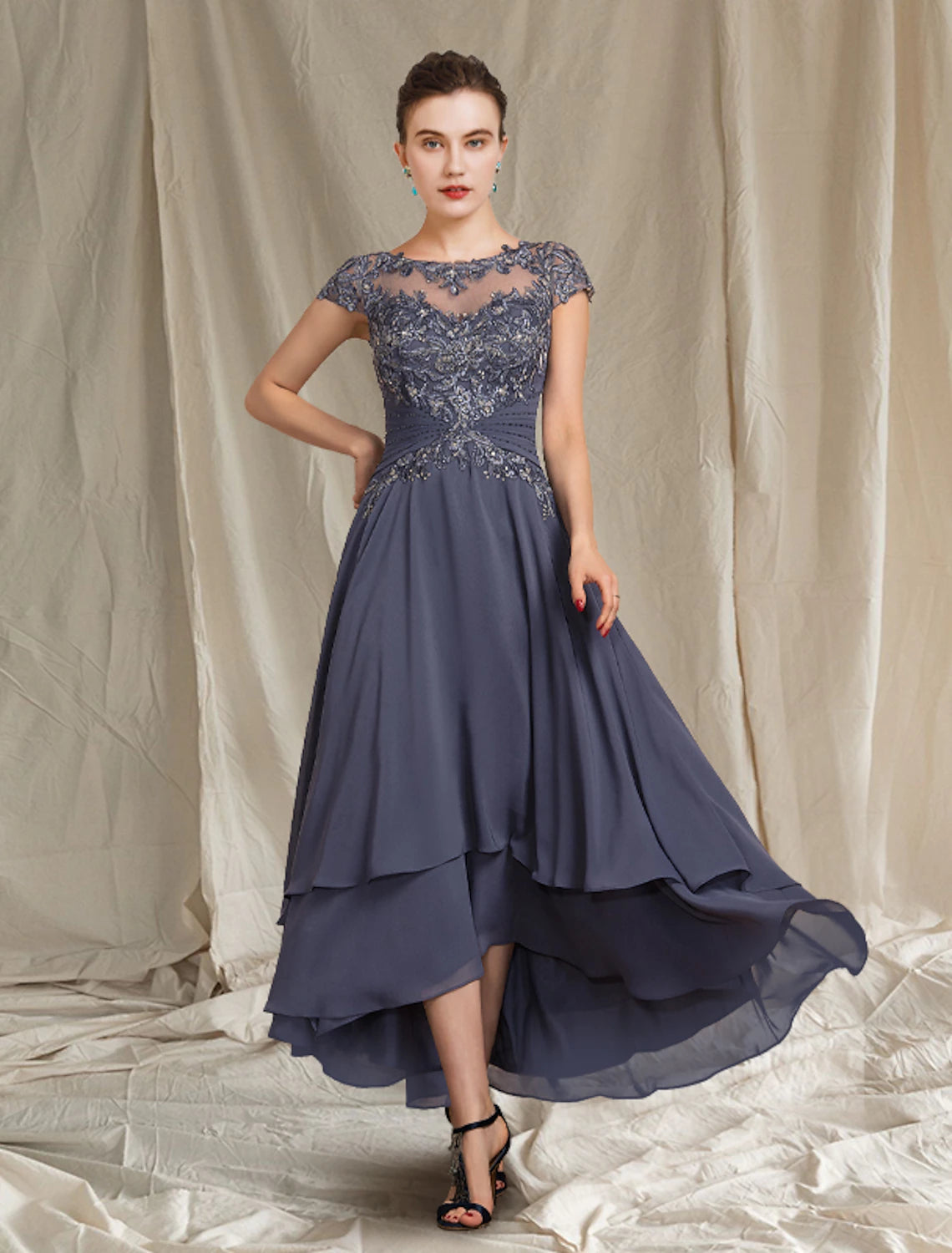 Wholesale Two Piece A-Line Mother of the Bride Dress Formal Wedding Guest Elegant Scoop Neck Asymmetrical Tea Length Chiffon Lace Short Sleeve Wrap Included with Beading Appliques