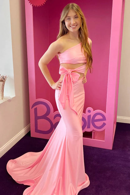 Wholesa Pink One-Shoulder Cutout Trumpet Long Prom Dress