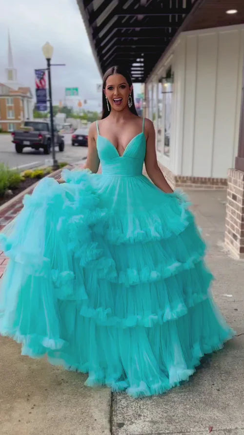 Wholesale Elegant A-line Evening Dress V-Neck Tulle Prom Dress with Tiered Ruffles