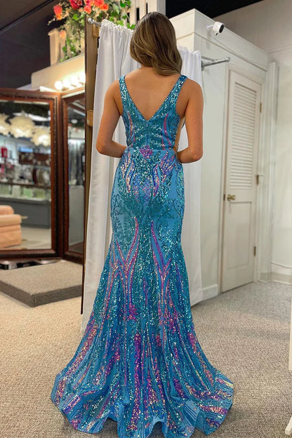 Wholesa Blue V Neck Sequin Lace Mermaid Long Prom Dresses