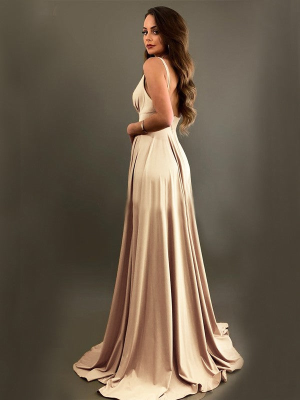 Wholesale A-Line Sleeveless V-neck Sweep/Brush Train With Ruffles Jersey Bridesmaid Dresses