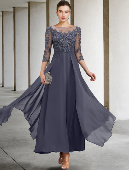 Wholesale A-Line Mother of the Bride Dress Fall Wedding Guest Plus Size Elegant Jewel Neck Ankle Length Chiffon Lace 3/4 Length Sleeve with Ruched Sequin Appliques