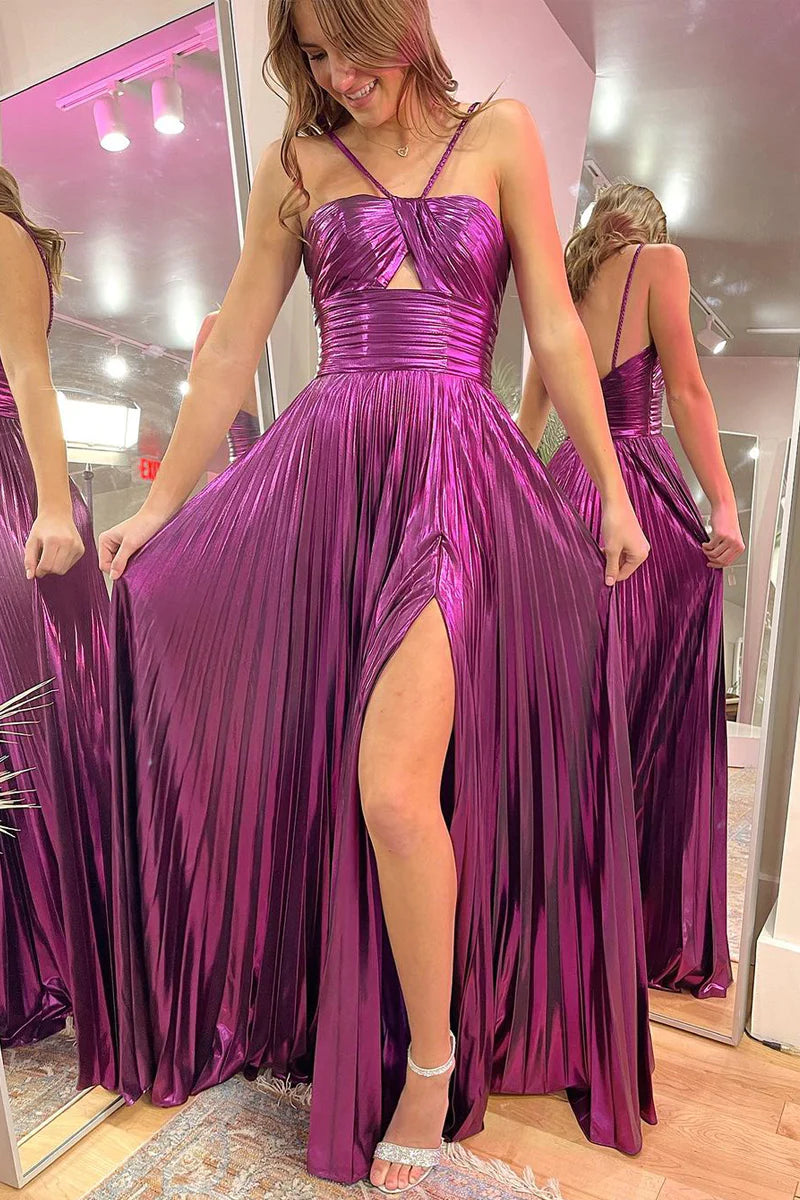 Wholesa Magenta Spaghetti Straps Pleated A-Line Long Prom Dresses