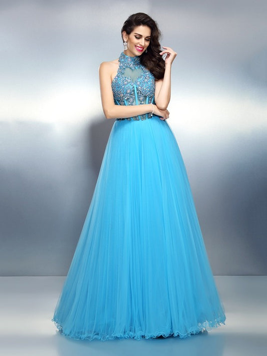 Wholesa A-Line/Princess High Neck Beading Sleeveless Long Satin Dresses