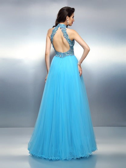 Wholesa A-Line/Princess High Neck Beading Sleeveless Long Satin Dresses