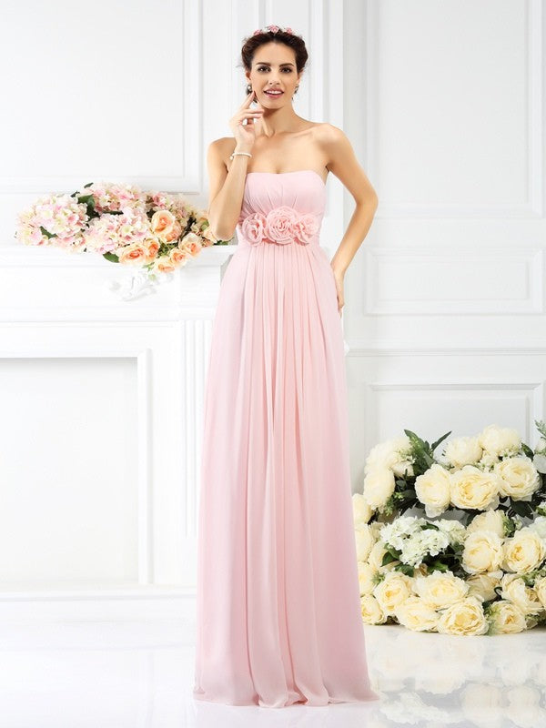 Wholesa A-Line/Princess Strapless Hand-Made Flower Sleeveless Long Chiffon Bridesmaid Dresses