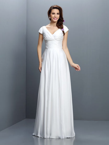 Wholesa A-Line/Princess V-neck Pleats Short Sleeves Long Chiffon Bridesmaid Dresses