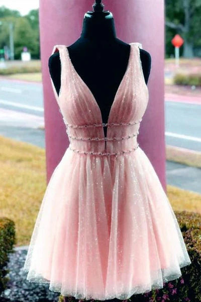 Wholesale A Line Graduation Dresses Tulle V Neck Homecoming Dress With Beading