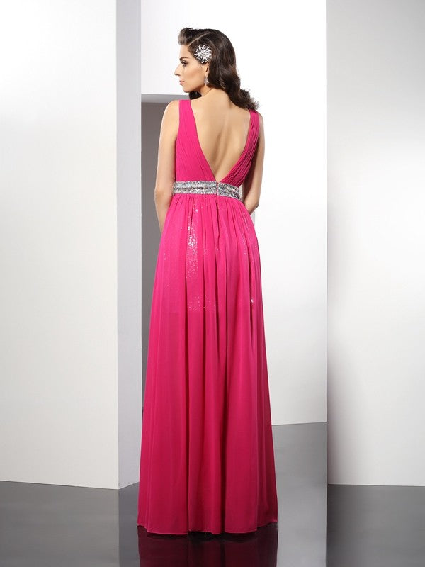 Wholesa A-Line/Princess V-neck Paillette Sleeveless Long Chiffon Dresses