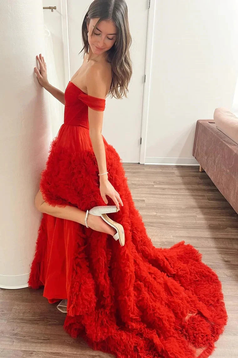 Wholesa Off-the-Shoulder Red Ruffle Long Prom Dress with Slit