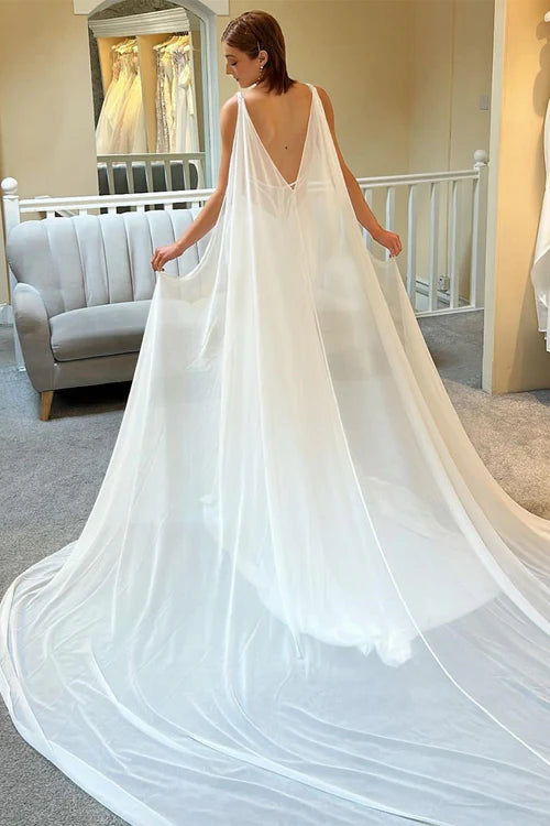 Wholesale Elegant White Plunge V Mermaid Long Wedding Dress with Detachable Cape