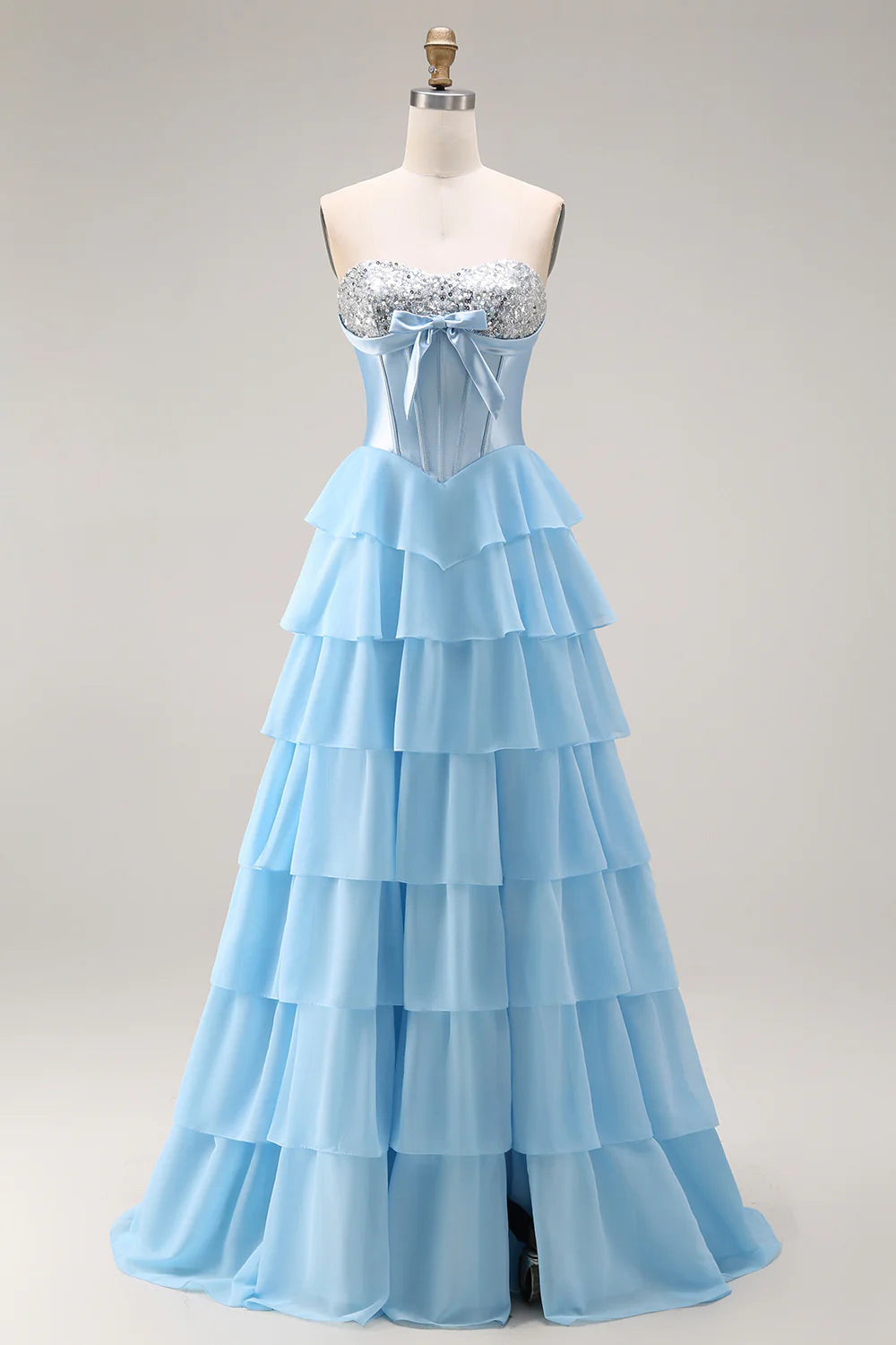 Aimishang Princess A-Line Strapless Sweetheart Tiered Ruffle Long Formal Prom Dress Lovely Evening Party Dress with Slit